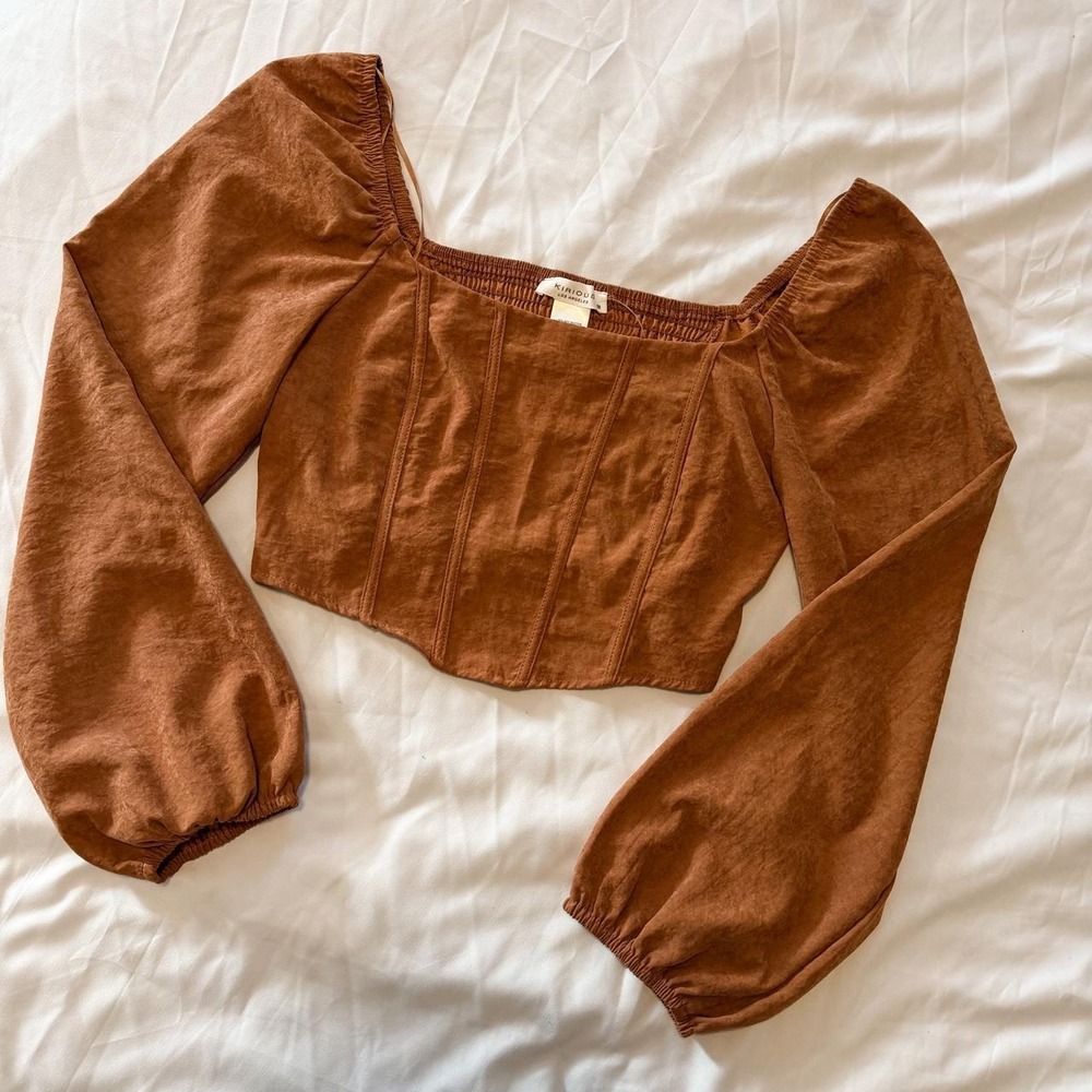 Kirious Brown Velour Corset Crop Top Long Balloon Sleeve Square Neck Small